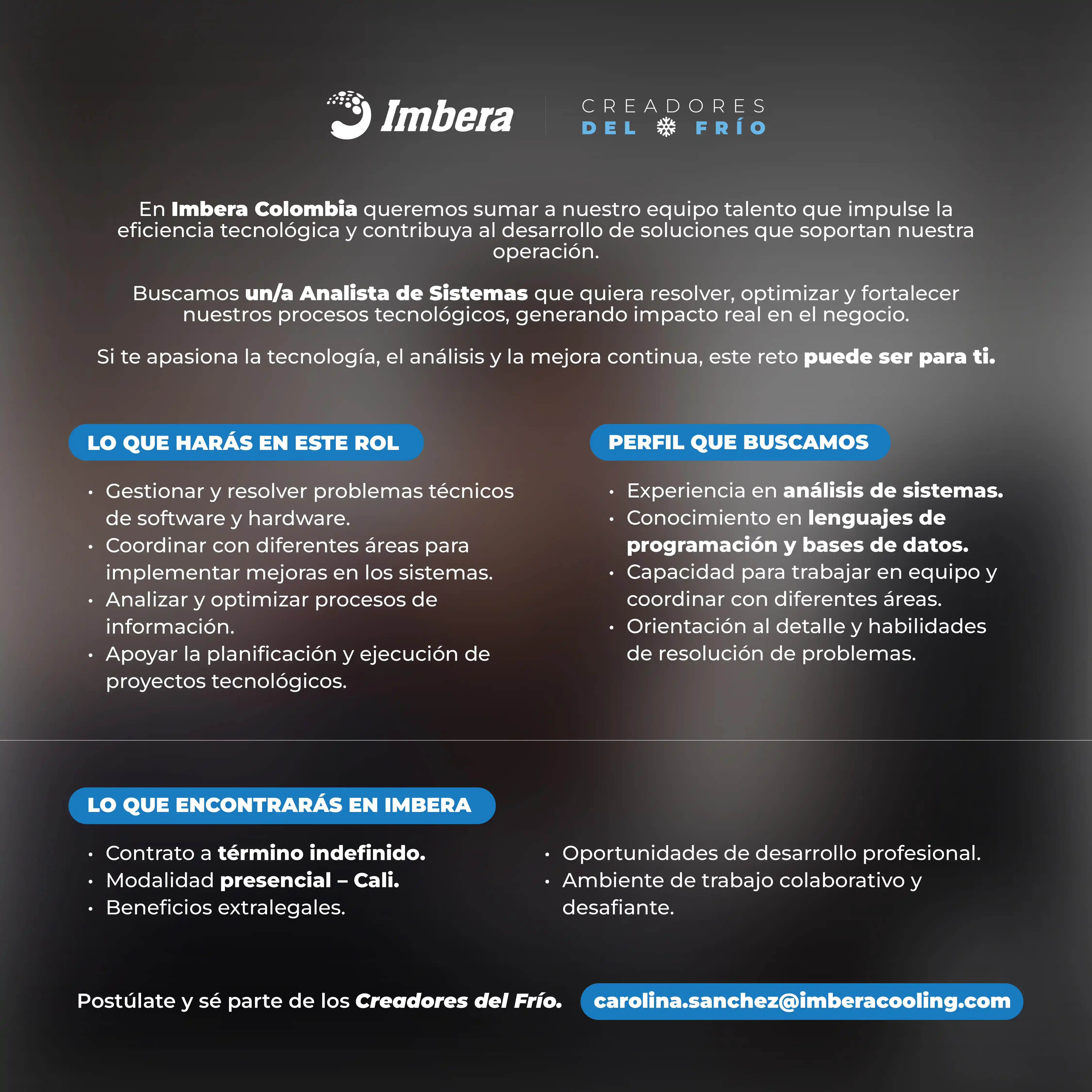 Oferta laboral Analista de Sistemas Imbera Colombia